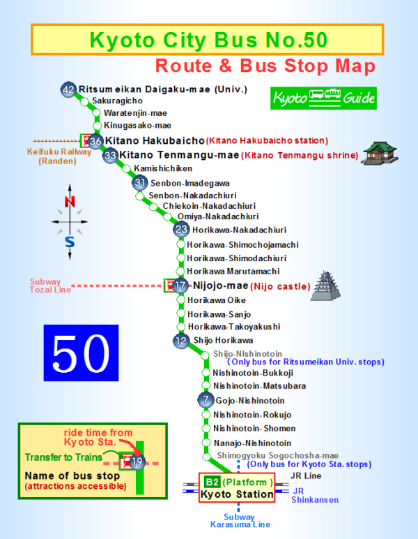 How to get (Kyoto City Bus No.50 route map) | Kyoto Bus & Train Guide